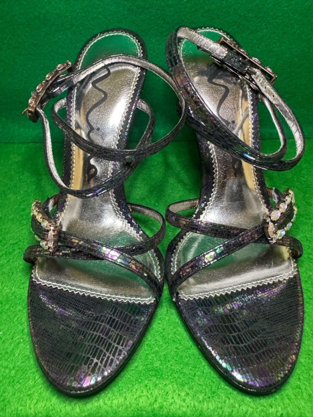 Nina Iridescent Black Strappy Heeled Sandals with Jewel Buckles